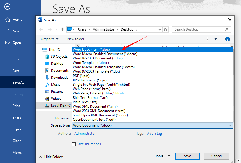 Save a TXT file to docx format using Microsoft Word