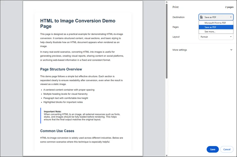 use browser built-in convert html to pdf feature