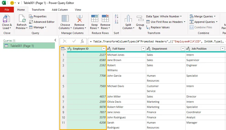 Select employee id column