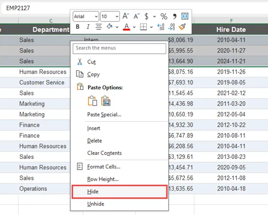 Select Hide Rows from Context Menu