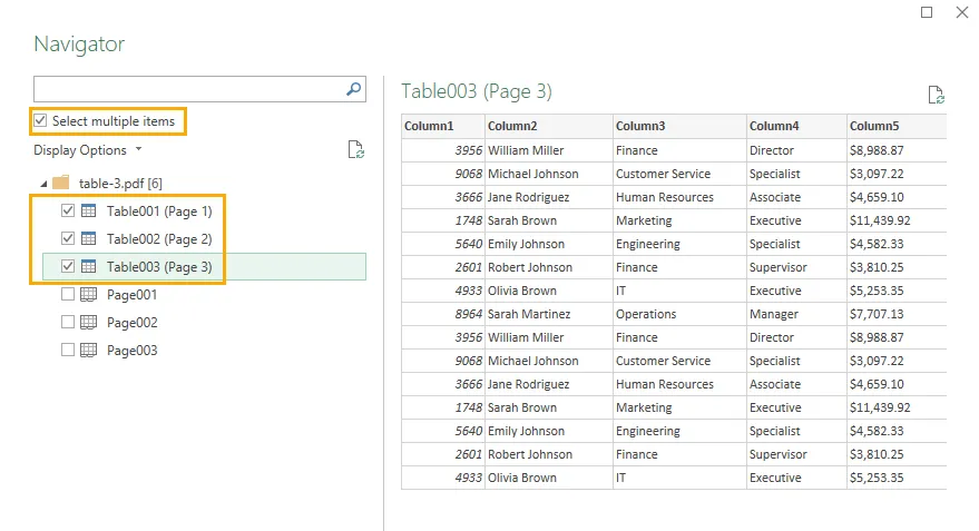 Select the tables belonging to the same cross-page table