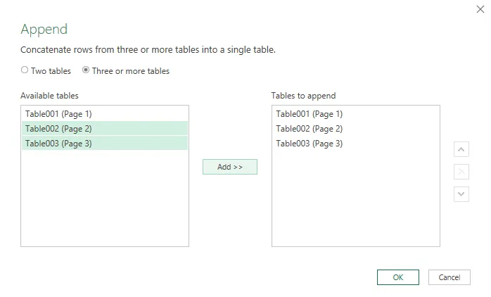 Select tables to append