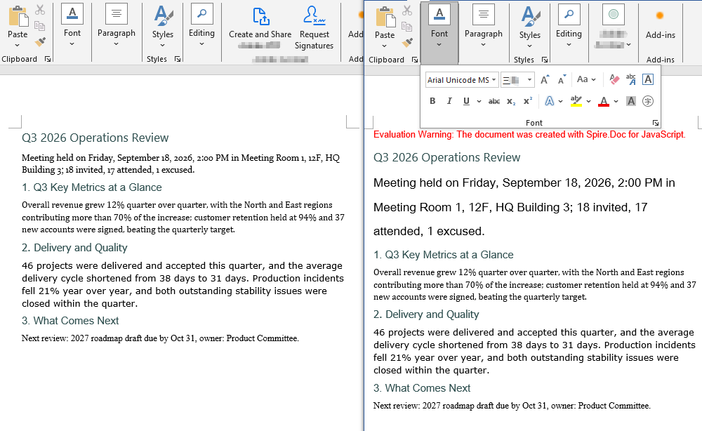 The document produced after the font has been set