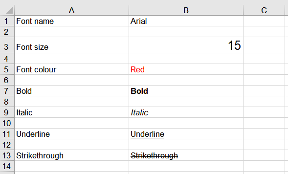 Font formatting applied to cells