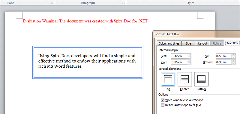 How to set internal margin for Word text box in C#