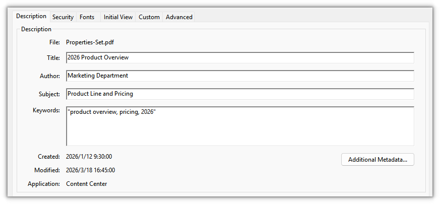 The standard fields shown in the reader's document properties panel after setting