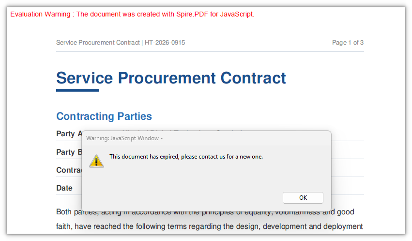 After setting an expiry date on the contract template, opening it in a JavaScript-capable reader shows an alert and then closes the expired document