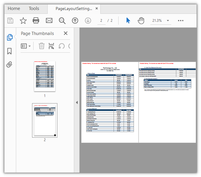 A PDF document that opens in two columns with the thumbnail panel expanded on the left