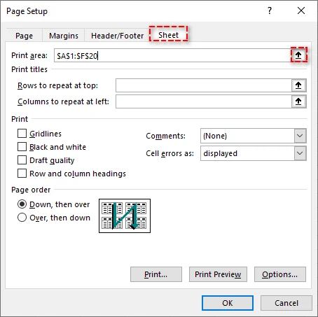 Type or select print area range in the Page Setup dialog