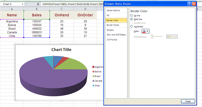 How to set the border color and styles for Excel Chart