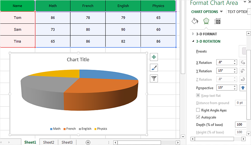 How to set the rotation for the 3D chart on Excel in C#