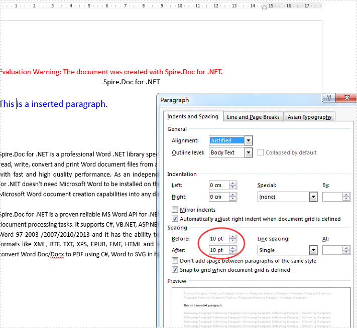 How to set the spacing before and after the paragraph in C#