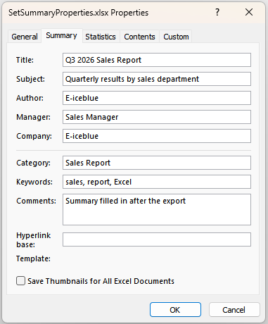 Set the workbook summary properties