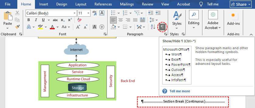 Word's Show/Hide button to reveal hidden formatting marks
