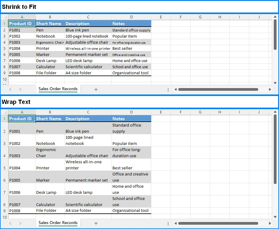 Vergleich von An Zellgröße anpassen vs. Zeilenumbruch in Excel-Zellen