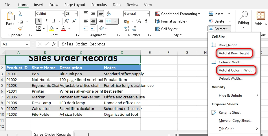 Excel-Screenshot, der AutoAnpassen auf eine Spalte und Zeile anwendet und sowohl Breite als auch Höhe an den Text anpasst