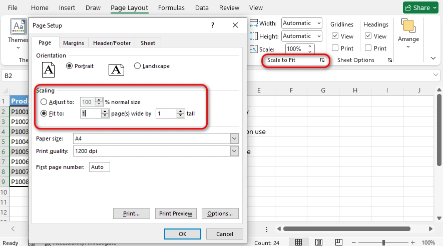 Excel-Screenshot, der die Option 'Blatt auf einer Seite anpassen' zeigt