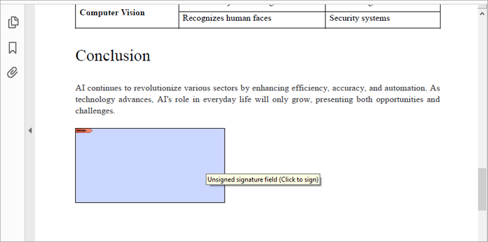 A PDF file containing an unsigned signature field.