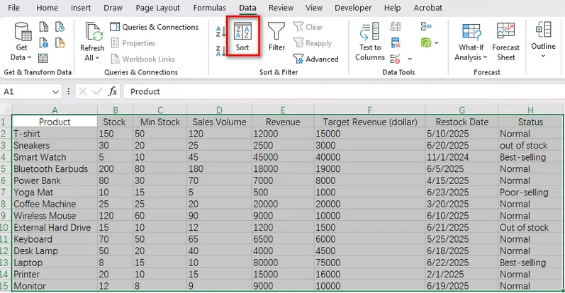 Go to the Sort Dialog in Excel