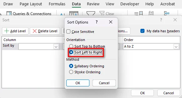 Sort Data Left to Right in Excel