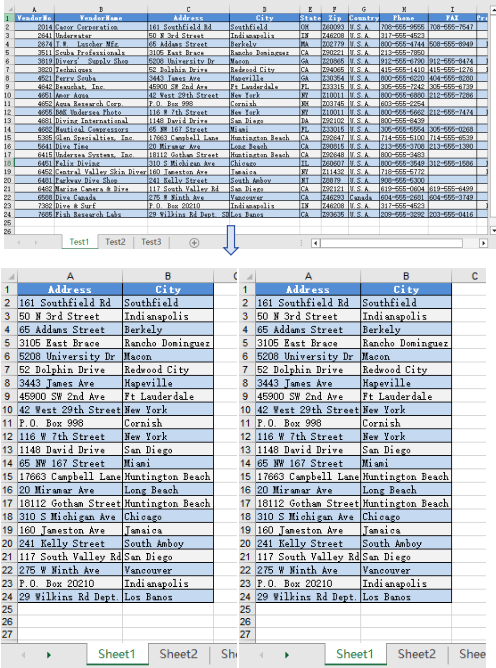 After splitting by column, each file contains a portion of the columns from the original worksheet