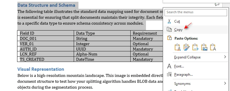 Copy the content to split in Word
