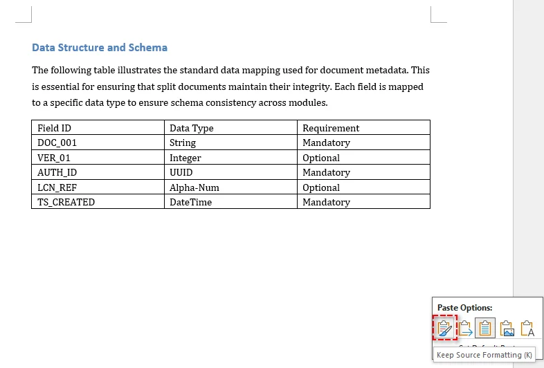 Paste the copied content into a new Word document while keeping source formatting