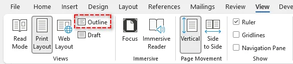 Open Outline View in Word to split document by headings