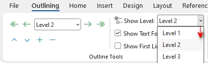 Set heading level in Outline View for Word document splitting