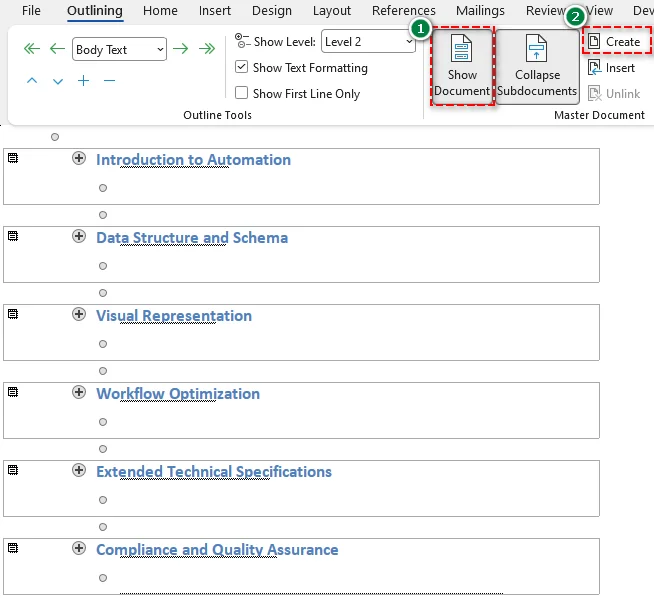 Create Word subdocuments from selected headings