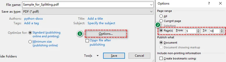 Select page range in PDF options to extract specific pages
