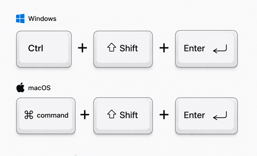 Windows/Mac keyboard shortcut used to split a table in Word