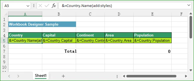 Input Excel template with formatted headers and marker placeholders