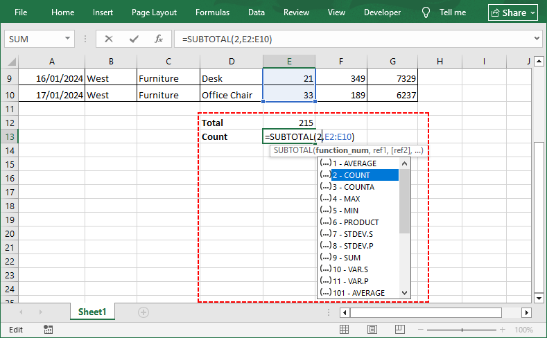 Insert sum and count SUBTOTAL function in Excel