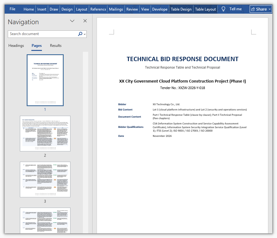 Technical bid response document generated by the AI