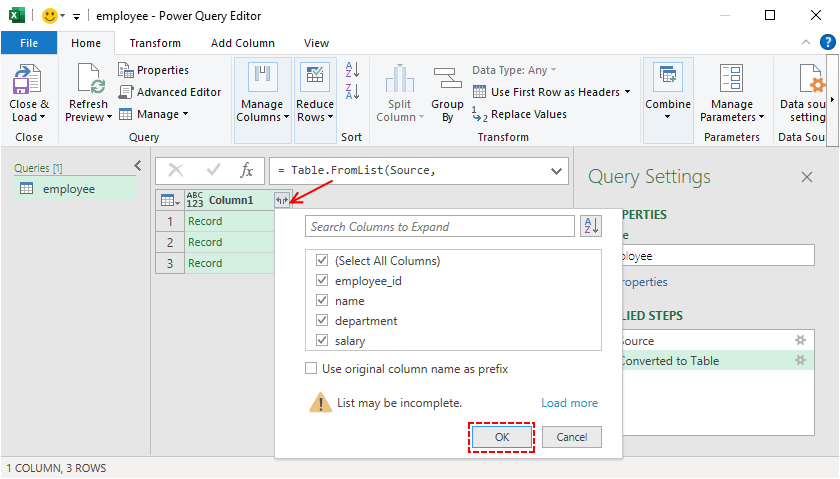 Erweitern Sie verschachtelte Objekte in separate Spalten.
