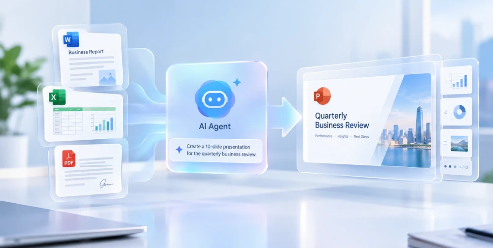 Turn documents into PowerPoint presentations with AI in C# — Word, PDF, and Excel files become one slide deck through a single natural-language instruction