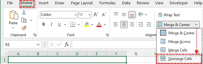 Split Merged Cells via Merge & Center Button