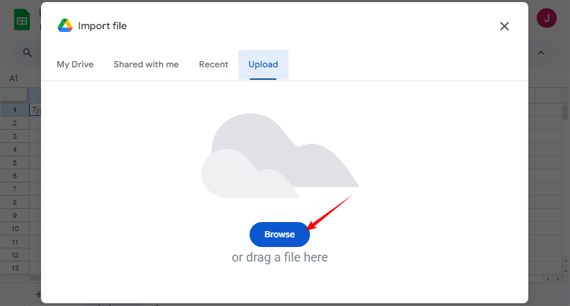 Google Sheets menu to import a file.
