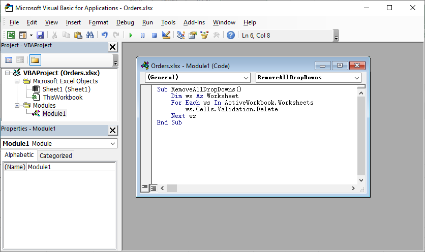 Código de macro VBA para remover todas as listas suspensas da pasta de trabalho