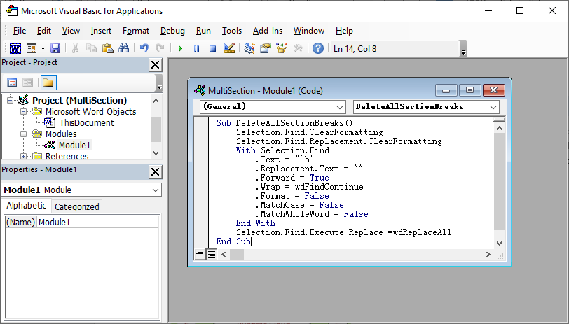 VBA macro code for deleting all section breaks