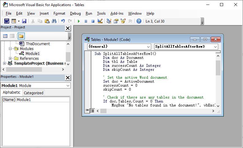 VBA editor window with macro code to split all tables in a Word document