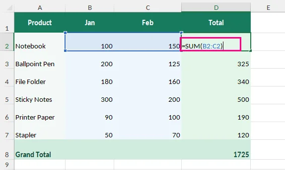 Excel Edit Mode showing a formula inside the cell with its referenced cells highlighted
