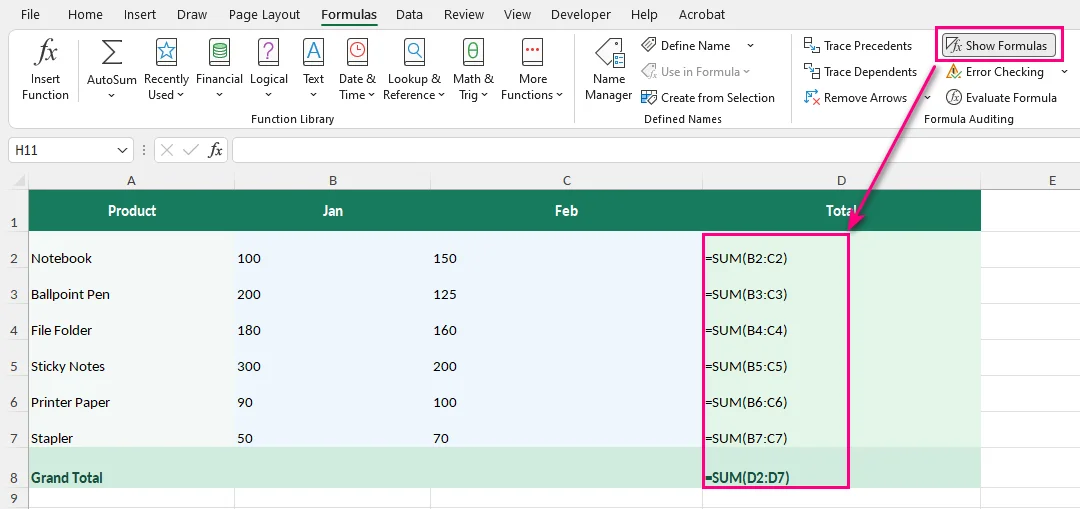 Excel worksheet displaying formulas instead of calculated values using Show Formulas
