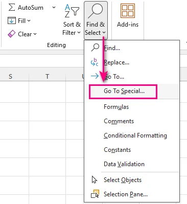 Excel Go To Special dialog box opened from Home > Find & Select to locate cells containing formulas