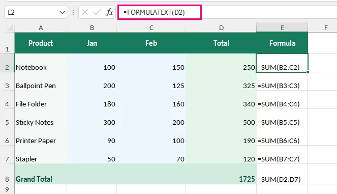 Showing Excel formulas alongside their calculated results using FORMULATEXT