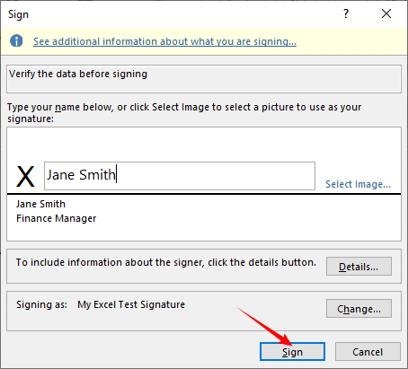 Диалоговое окно строки подписи Excel, позволяющее пользователю ввести имя, выбрать изображение или нарисовать подпись.