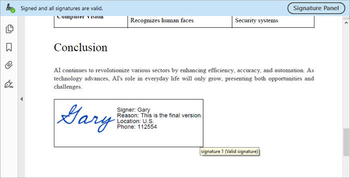 A PDF file containing a visible digital signature that consists of an image, signer’s name, reason, etc.