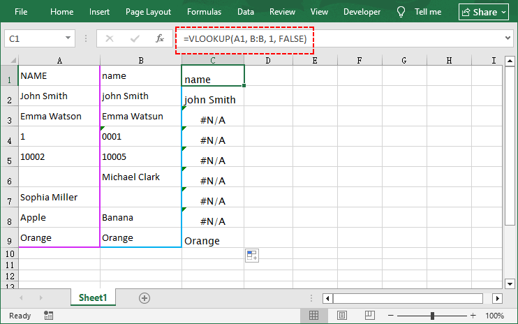 Fórmula VLOOKUP do Excel para comparar duas colunas e retornar um valor