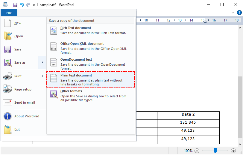 Save RTF as a plain text document using WordPad in Windows